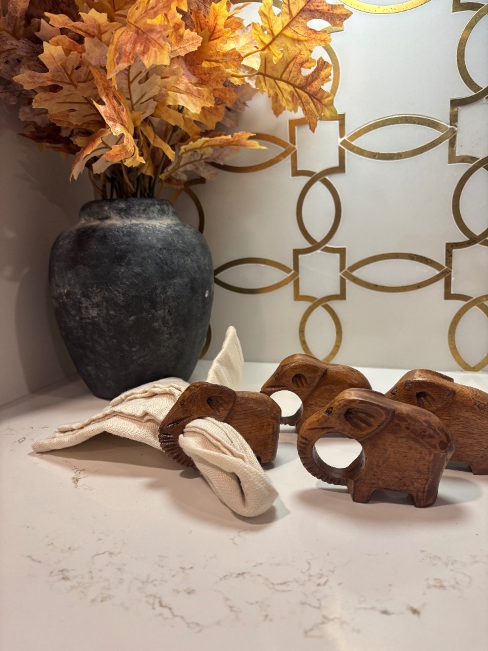 Rare VTG Mid Century Modern Set 4 Hand-Carved Wood Elephant Napkin Rings